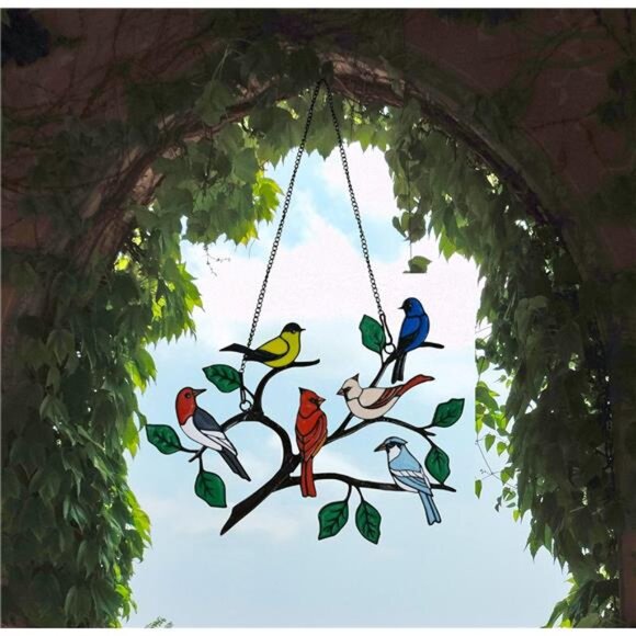 Six Birds Cardinal Gifts Stained Metal Window Hangings, Multicolor Bird On A - Picture 12 of 14